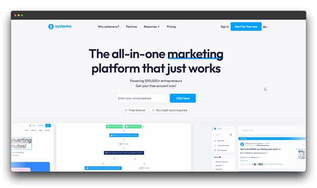 Systeme.io Homepage
Alt Text: The homepage of Systeme.io, a popular online funnel builder and marketing platform. It promotes its "all-in-one" capabilities for over 500,000 entrepreneurs looking to launch a high-converting AI funnel. "Online Funnel Builder: Al funnel : Al funnel builder"" 