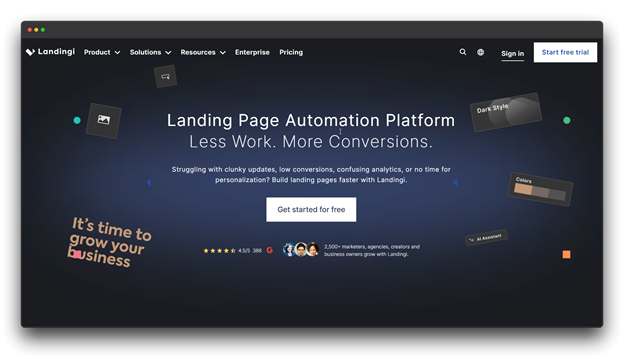 The Landingi landing page automation platform. This online funnel builder emphasizes "Less Work, More Conversions" through its AI funnel builder assistant and rapid landing page creation tools.  "Online Funnel Builder: Al funnel : Al funnel builder"" 