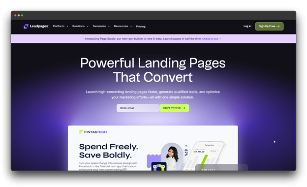 Leadpages homepage showcasing powerful landing pages that convert. As an established online funnel builder, it highlights its new "Page Studio" beta for building a faster, more optimized AI funnel.  "Online Funnel Builder: Al funnel : Al funnel builder"" 