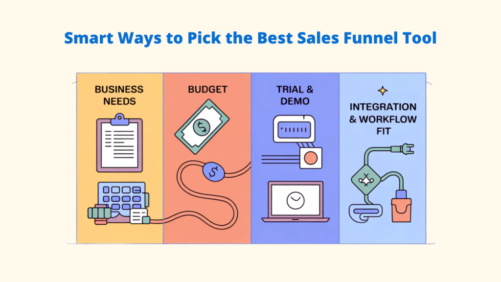 "Smart Ways to Pick the Best Sales Funnel Tool, illustrating considerations like Business Needs, Budget, Trial & Demo, and Integration & Workflow Fit for Sales Funnel Tools selection