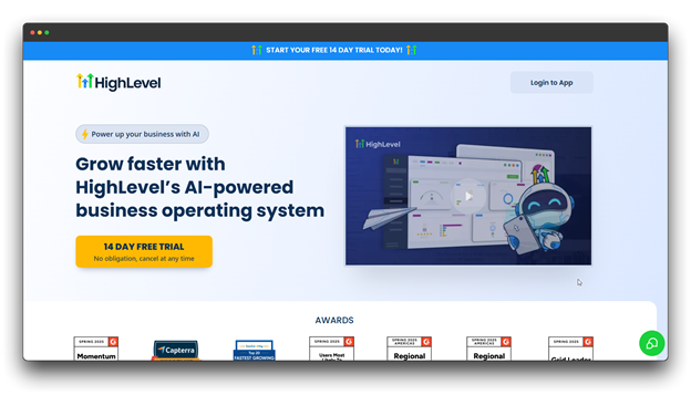 HighLevel's "AI-powered business operating system" homepage. This AI funnel builder focuses on agency growth through automation, showing a modern interface for managing a professional AI funnel. "Online Funnel Builder: Al funnel : Al funnel builder"" 