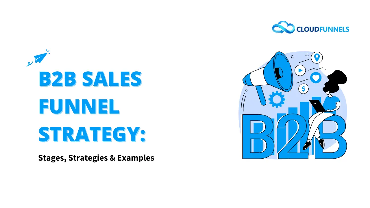 A blue image with a megaphone, a person on a laptop, and a graph, representing a B2B sales funnel strategy. The text on the image reads "CloudFunnels" at the top, "B2B Sales Funnel Strategy" in the middle, and "Stages, Strategies & Examples" at the bottom.