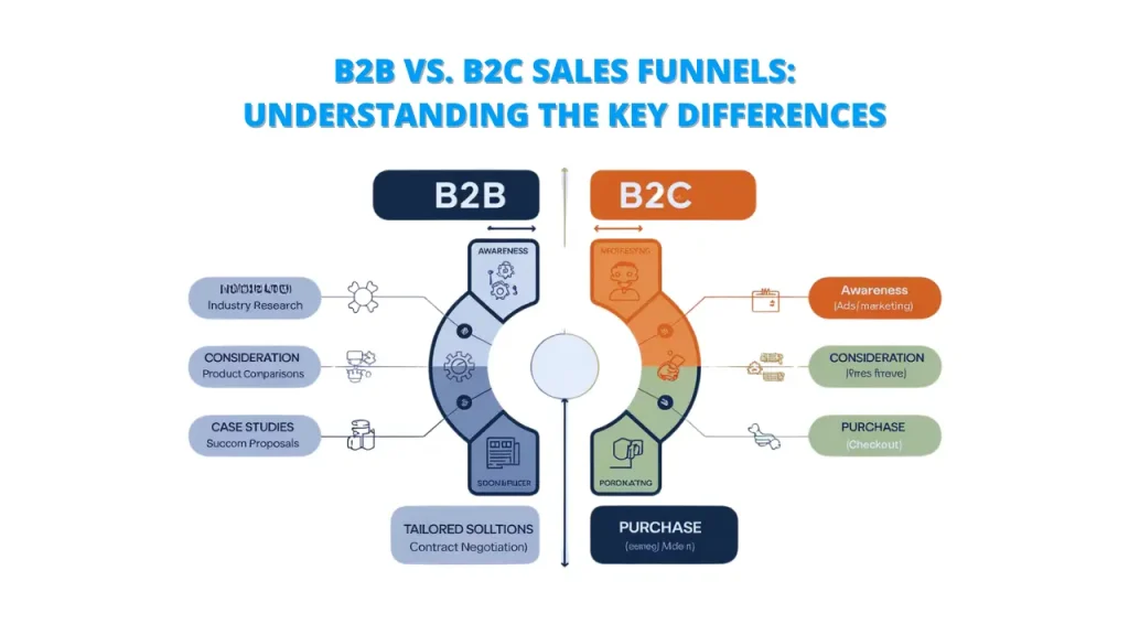 A comparison of B2B and B2C sales funnels. The image shows two overlapping circular diagrams representing the stages of each funnel. The B2B funnel includes awareness, consideration, case studies, tailored solutions, and purchase stages, while the B2C funnel includes awareness, consideration, purchase, and post-purchase stages. The text "B2B VS. B2C Sales Funnels: Understanding the Key Differences" is at the top.