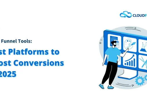 Sales Funnel Tools: Best Platforms to Boost Conversions in 2025, featuring a person interacting with a large monitor displaying various marketing and analytics icons, representing effective Sales Funnel Tools
