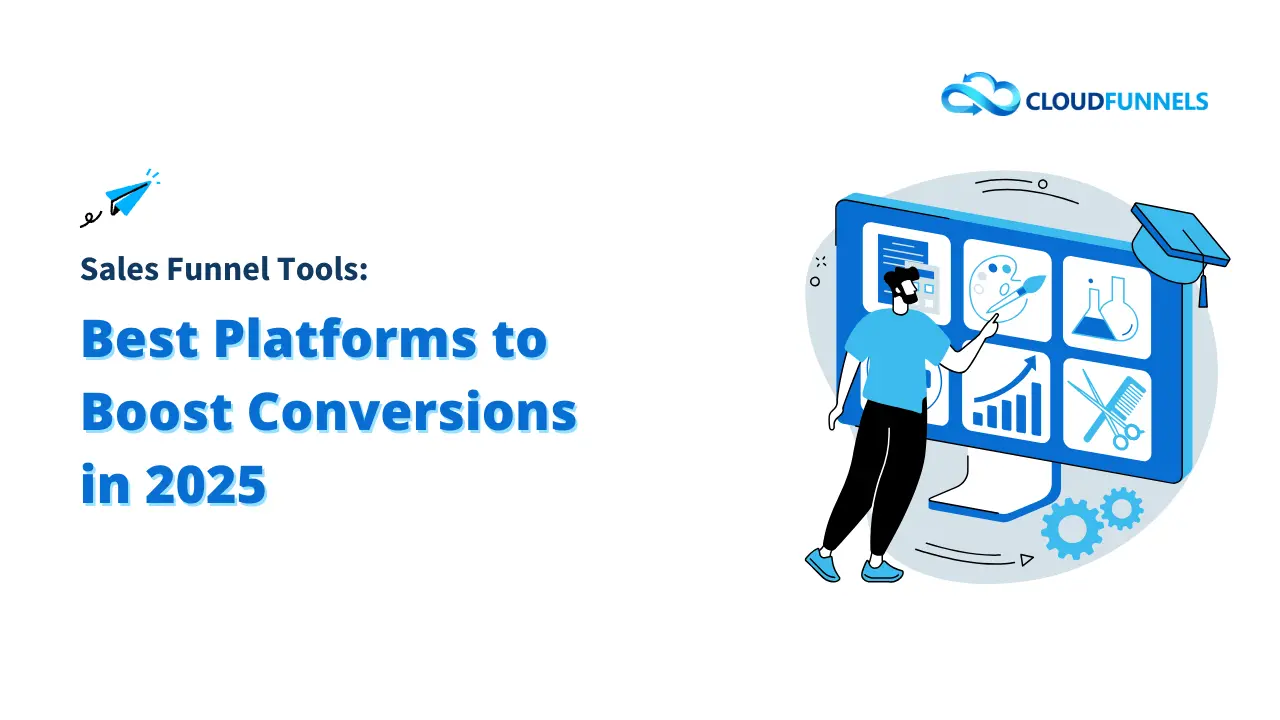 Sales Funnel Tools: Best Platforms to Boost Conversions in 2025, featuring a person interacting with a large monitor displaying various marketing and analytics icons, representing effective Sales Funnel Tools