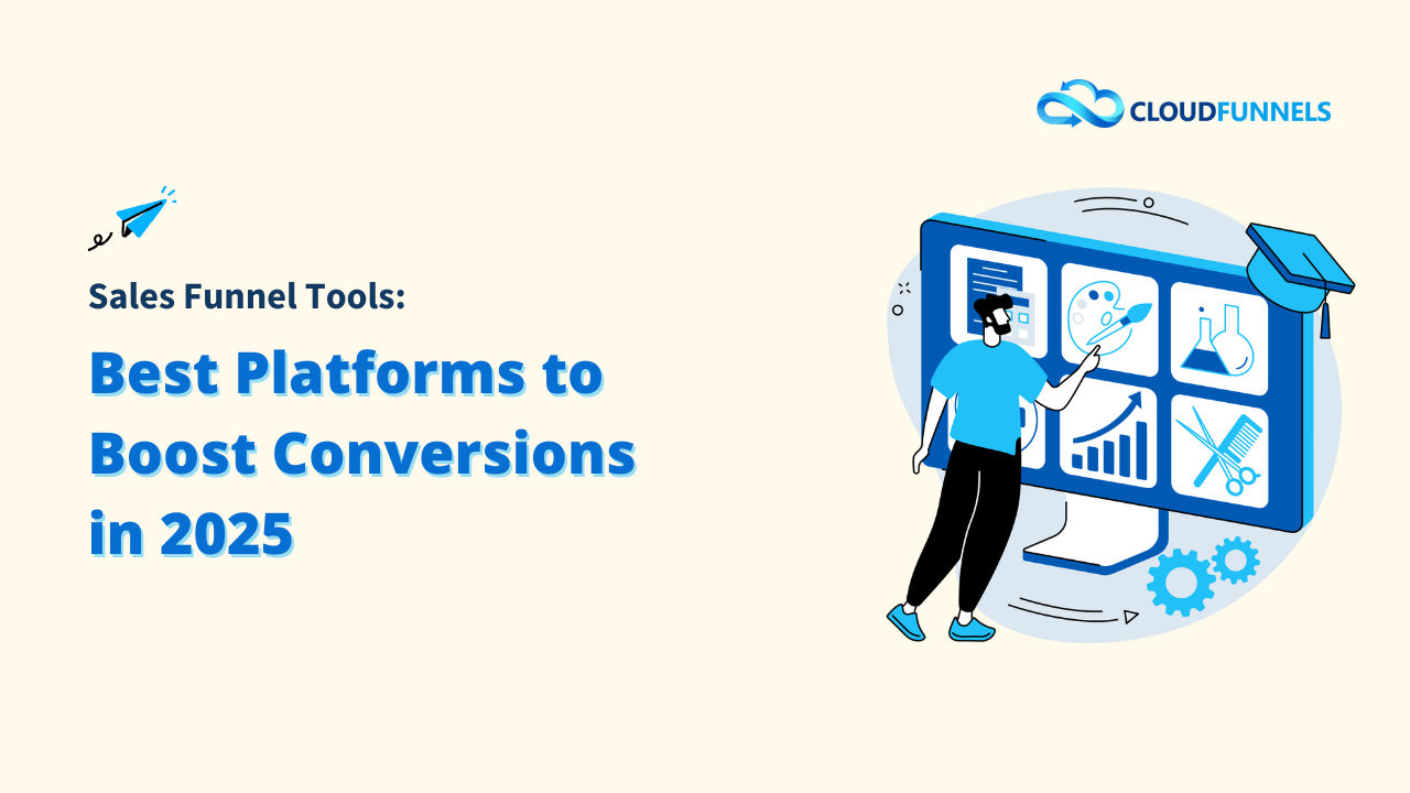 Sales Funnel Tools: Best Platforms to Boost Conversions in 2025, featuring a person interacting with a large monitor displaying various marketing and analytics icons, representing effective Sales Funnel Tools