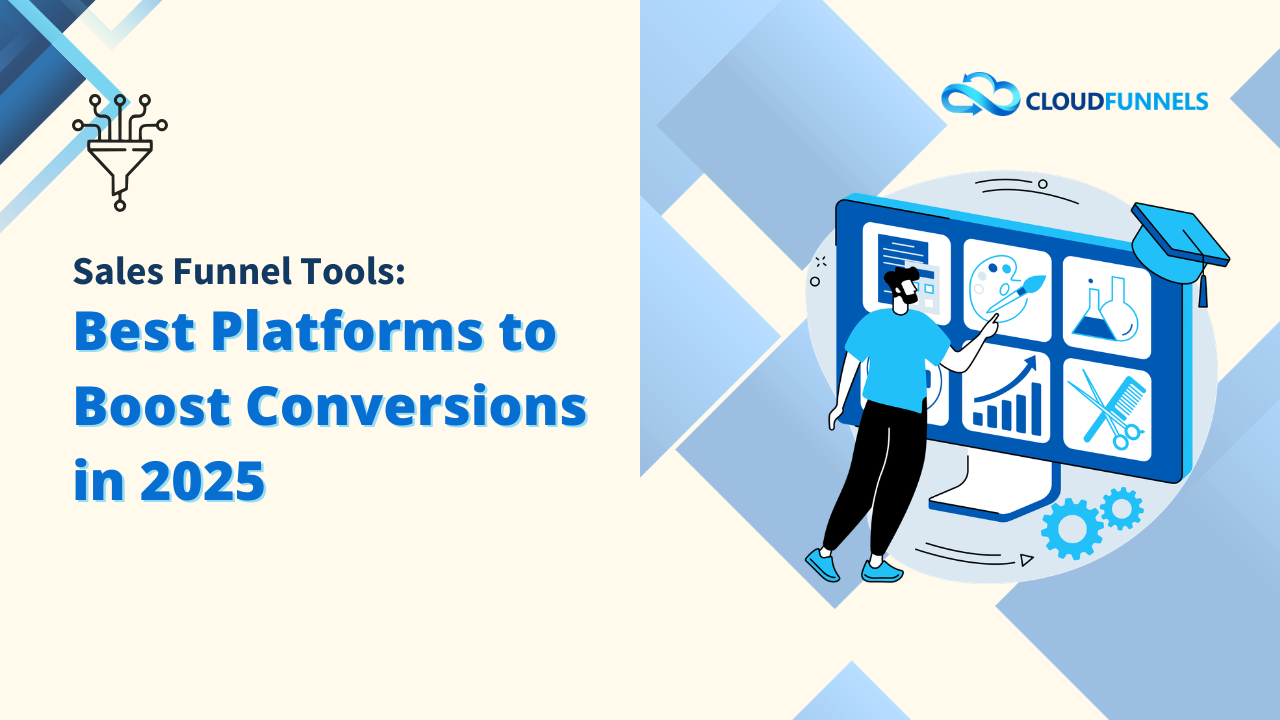 Sales Funnel Tools: Best Platforms to Boost Conversions in 2025, featuring a person interacting with a large monitor displaying various marketing and analytics icons, representing effective Sales Funnel Tools