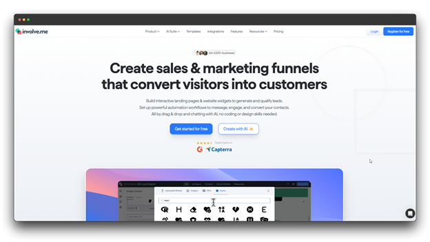 Homepage of involve.me, an online funnel builder that allows users to create interactive sales and marketing funnels. It features a "Create with AI" option to help visitors build a customized AI funnel without coding. "Online Funnel Builder: Al funnel : Al funnel builder""