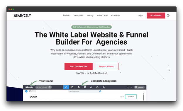 Simvoly’s white label website and online funnel builder for agencies. The interface shows a "Complete Ecosystem" dashboard used to scale agency branding through a resellable AI funnel builder platform. "Online Funnel Builder: Al funnel : Al funnel builder""